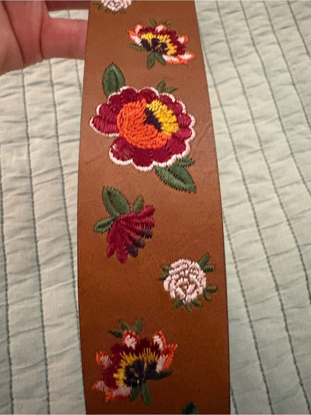 Embroidered Brown Leather Men's Belt with Floral Detail